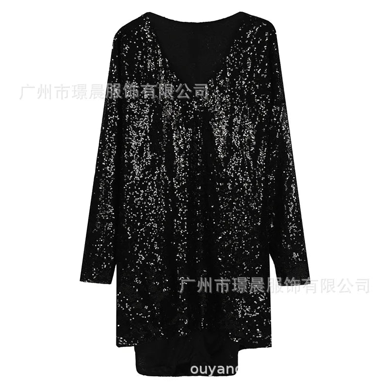 Chic Solid Color Sequin Long Sleeve Mini Dress for Women