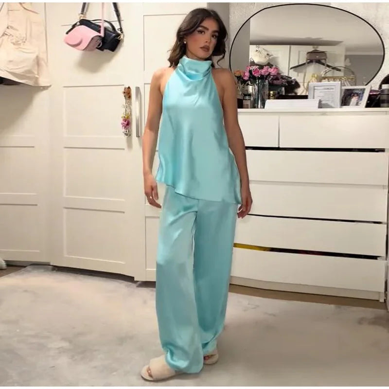 Turquoise Satin Cowl Neck Halter Top And Wide Leg Pants 2 Piece Set For Women