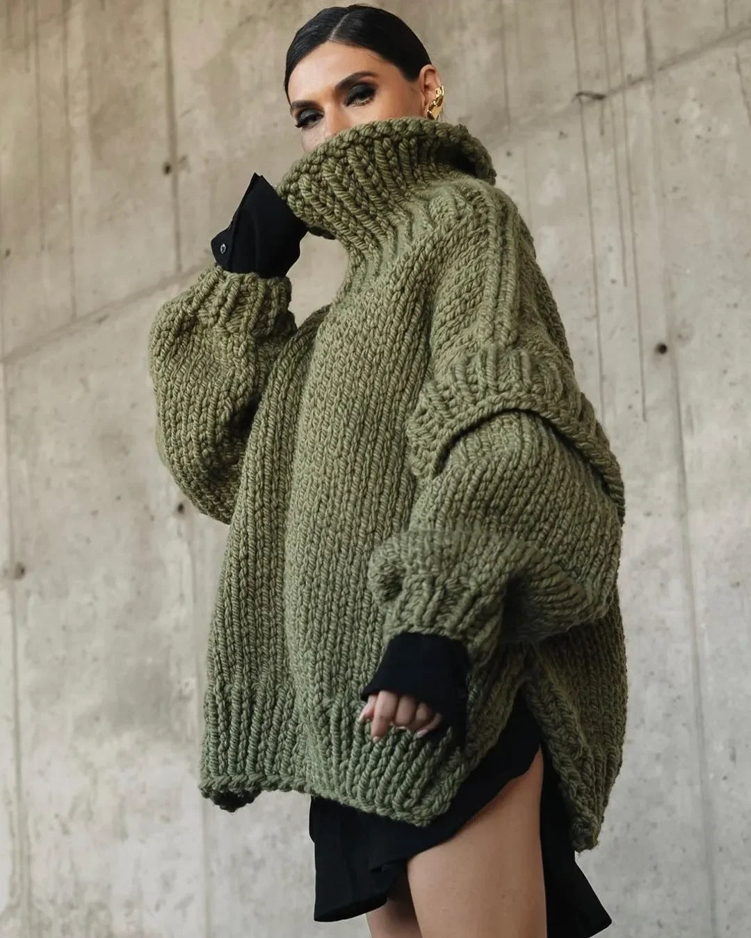 Oversized Knit Turtleneck Sweater With Lantern Sleeves For Women