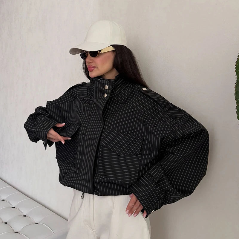 Casual Cropped Jacket With Stand Collar and Drawstring Hem for Women