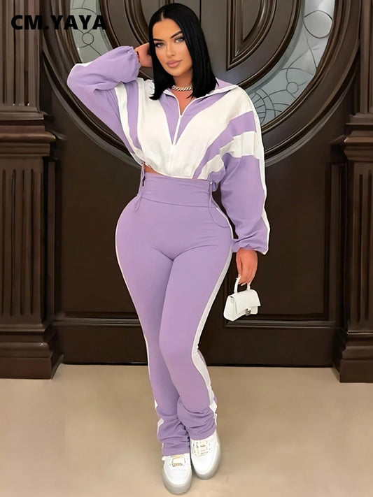 CM.YAYA Active Patchwork Women's Set Zipper Sweatshirt Jacket and Long Pants Suit 2025 Fall Two 2 Piece Sets Outfit Tracksuit