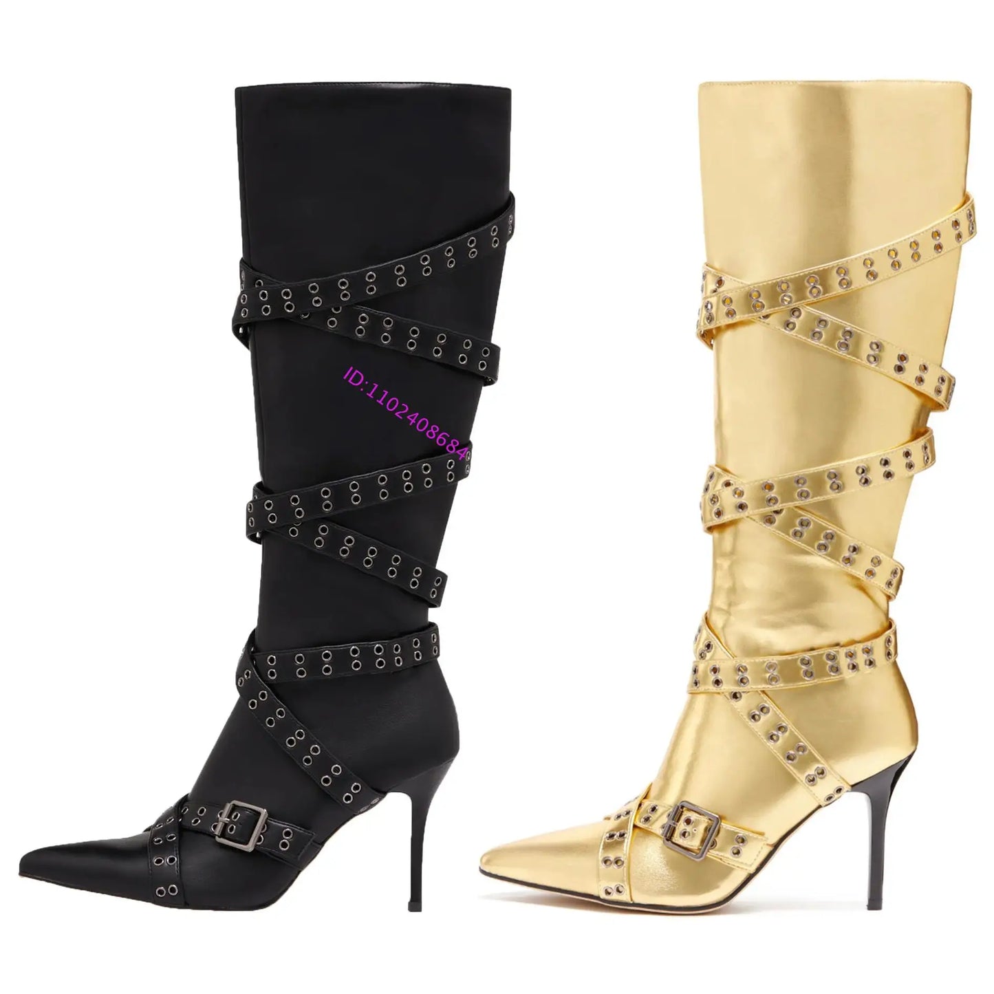 Pointed Toe Belt Buckle Knee High Boots With Thin Heels For Women
