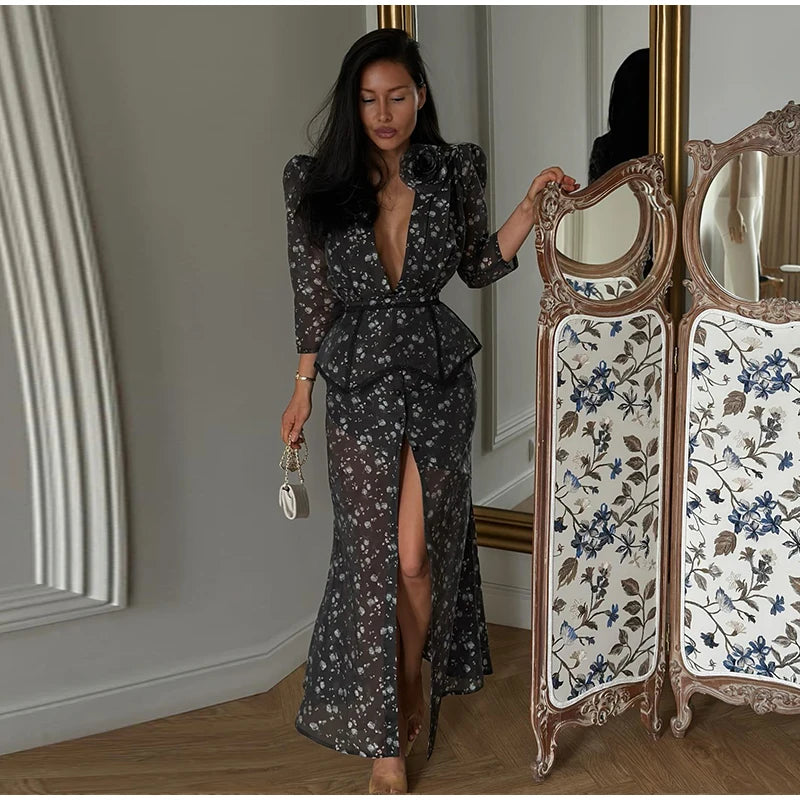 Floral V-Neck Chiffon Maxi Dress