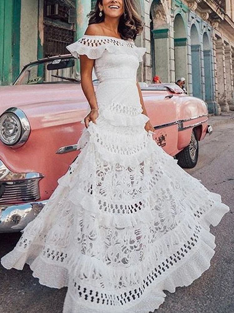 Elegant One-Shoulder Lace Ruffle Long Evening Dress for Women