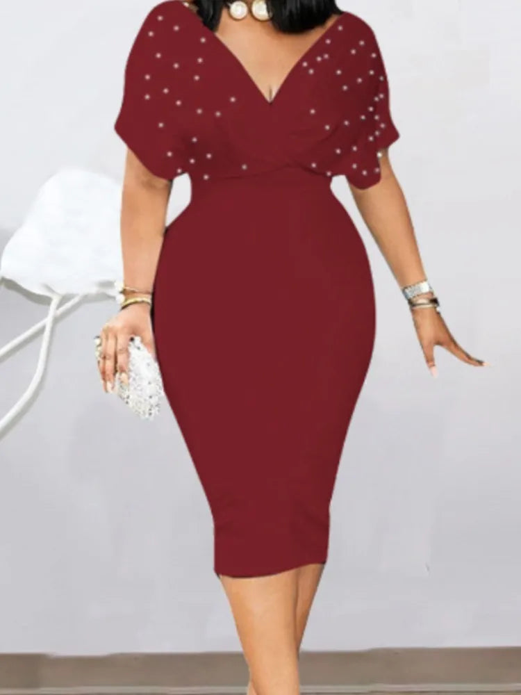 Elegant Solid V Neck Short Sleeve Knee Length Dress for Women
