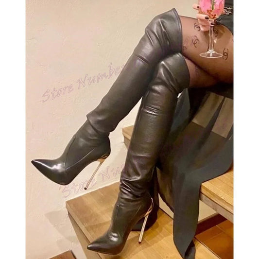 Black Metal Heels Knee High Boots Matte Leather Elastic Pointy Toe Shoes for Women High Heel Sexy Shoes 2025 Zapatos Para Mujere
