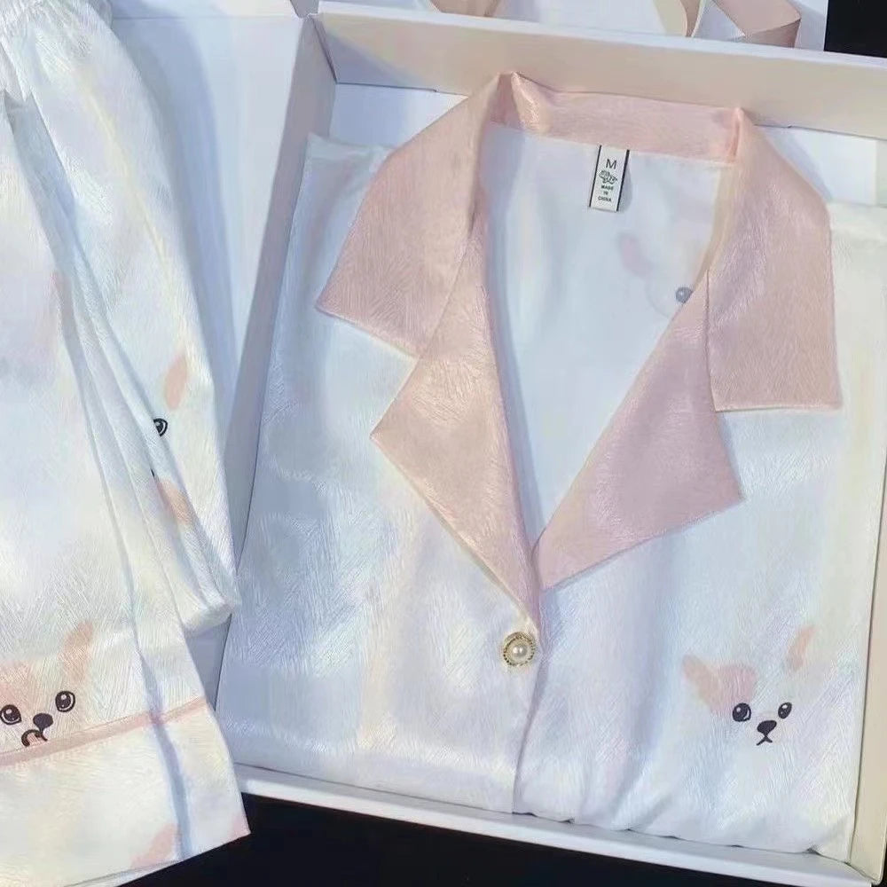Flowers Twill Print Classy Women's Pajamas Spring Autumn Two-piece Sets Long Female Lounges Simulated Silk 2024 New Y2k Homewear