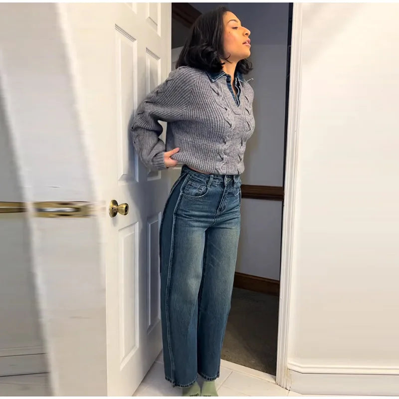 Long Sleeve Denim Collar Half Button Knit Top For Women