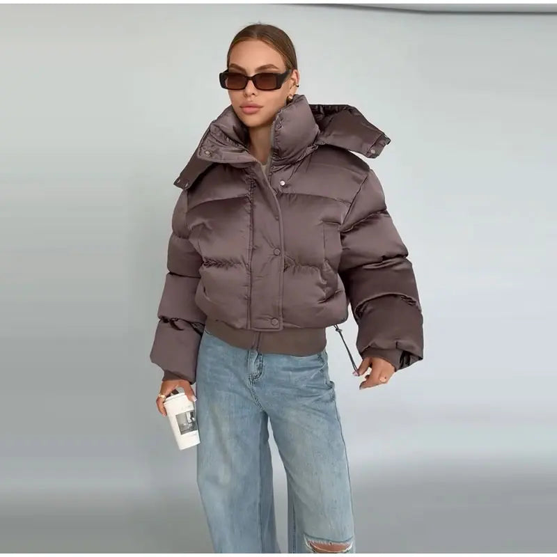Detachable Hood Cropped Padded Winter Jacket for Women