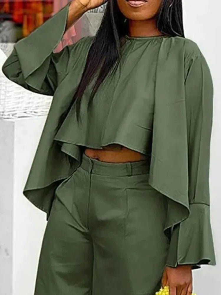 Beautyblue O-Neck High-low Tshirts Fashion Woman Clothing Casual Loose Pleated Lotus Leaf Sleeve Y2k Cotton Blouses&Shirts Tops