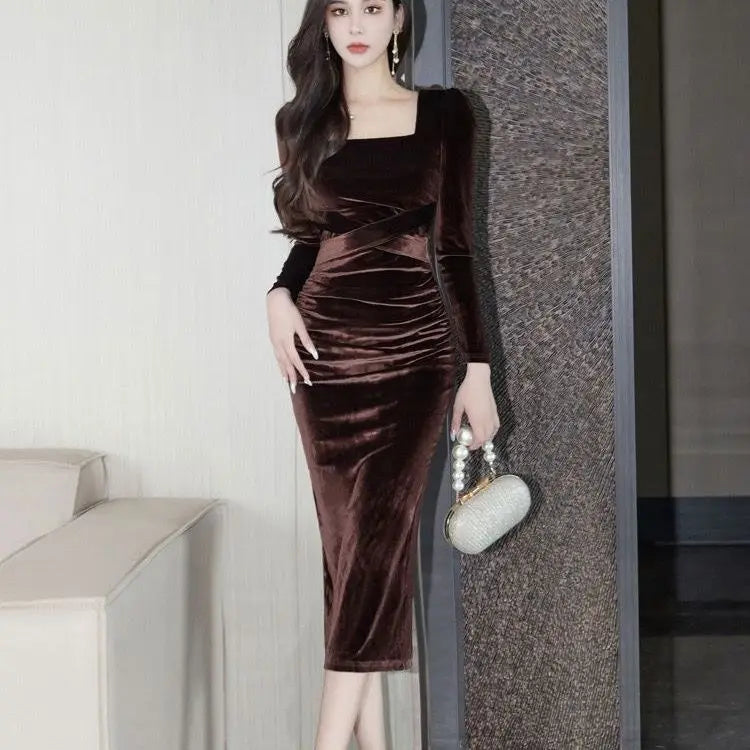 Elegant Women Velvet Dress High Waist Slimming Square Neck Long Sleeve Bodycon Wrap Hip Party Evening Gown