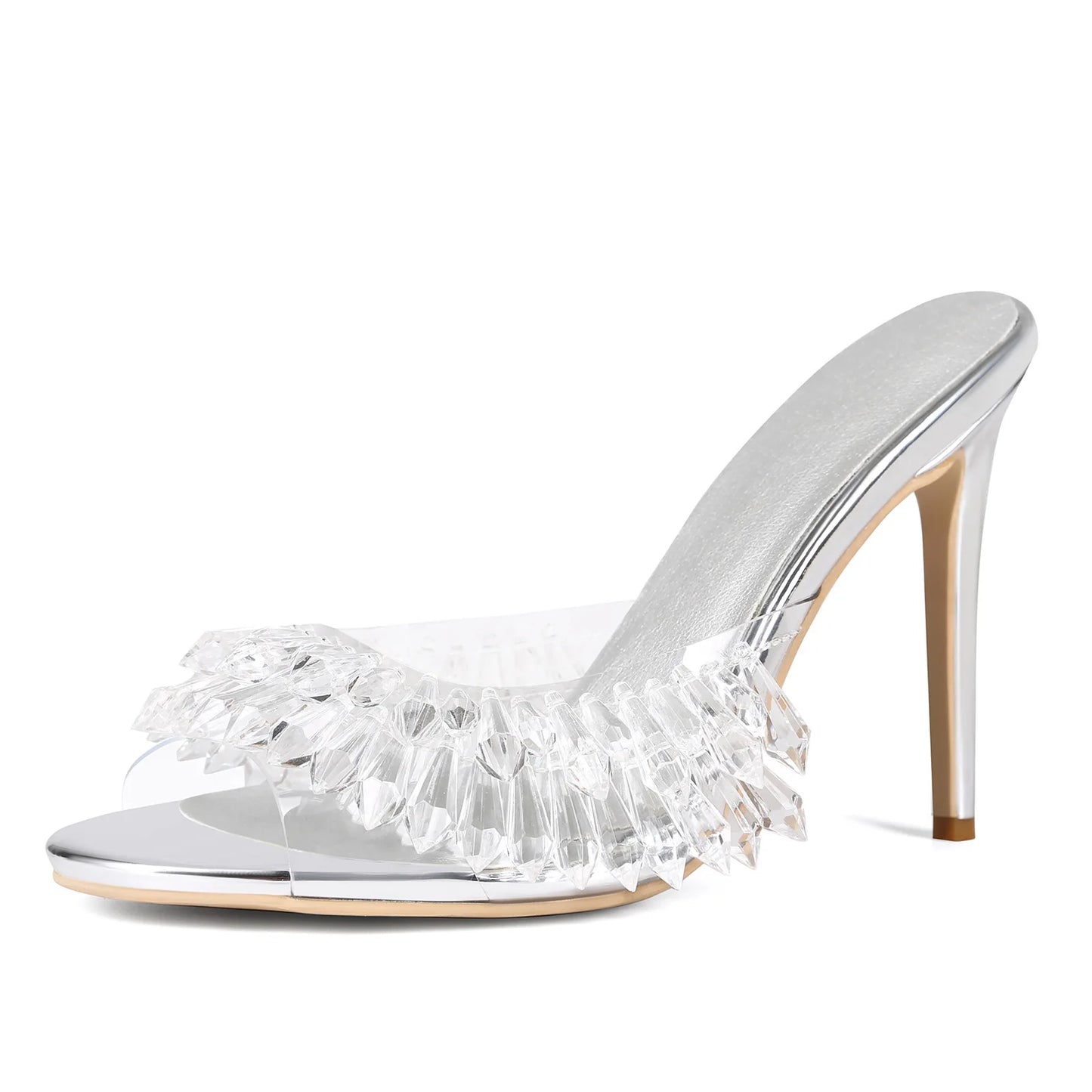 Elegant Crystal Clear Embellished Open Toe Mules for Women