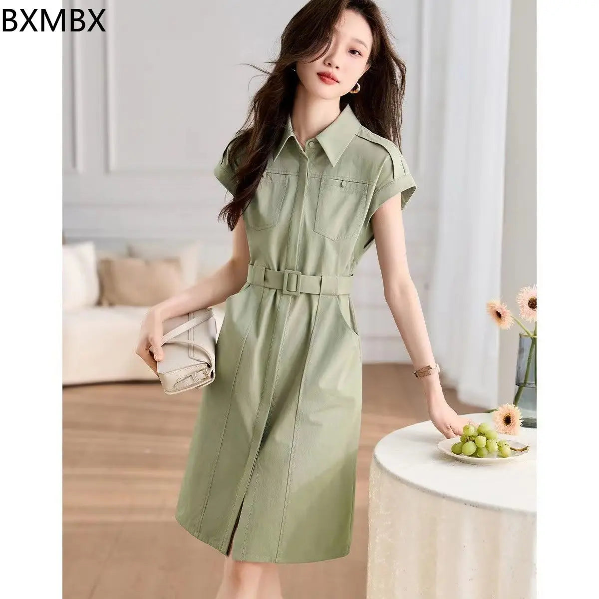 Single Breasted Green Midi Skirt With Pockets For Women