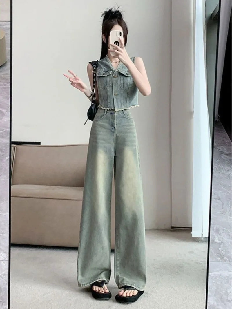 Frayed Denim Vest High Waisted Pants Set Sleeveless Jean Vest Top with Wide Leg Tapered Cropped Pants for Women Summer Outfit