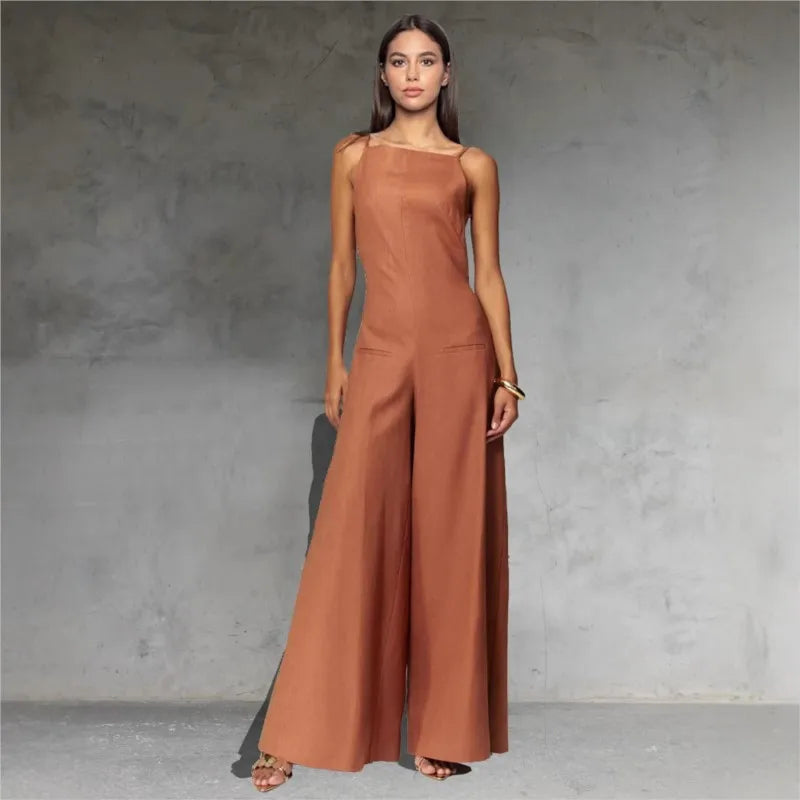 Summer Women's Jumpsuit Long Pants Sleeveless High Waist Wide Leg Ankle-length Pants Solid Color Casual Fashion Women's 2025