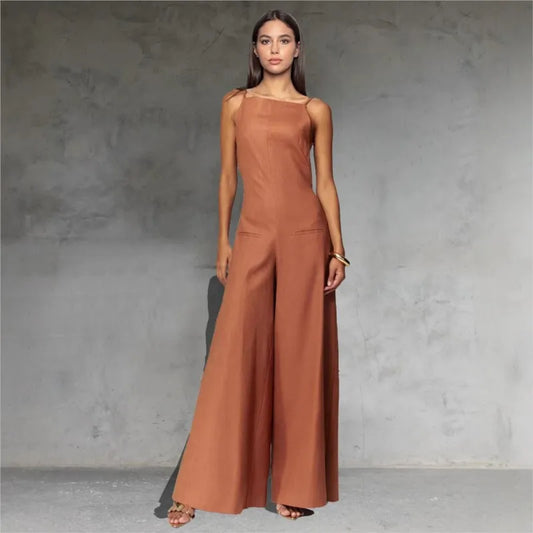 Summer Women's Jumpsuit Long Pants Sleeveless High Waist Wide Leg Ankle-length Pants Solid Color Casual Fashion Women's 2025
