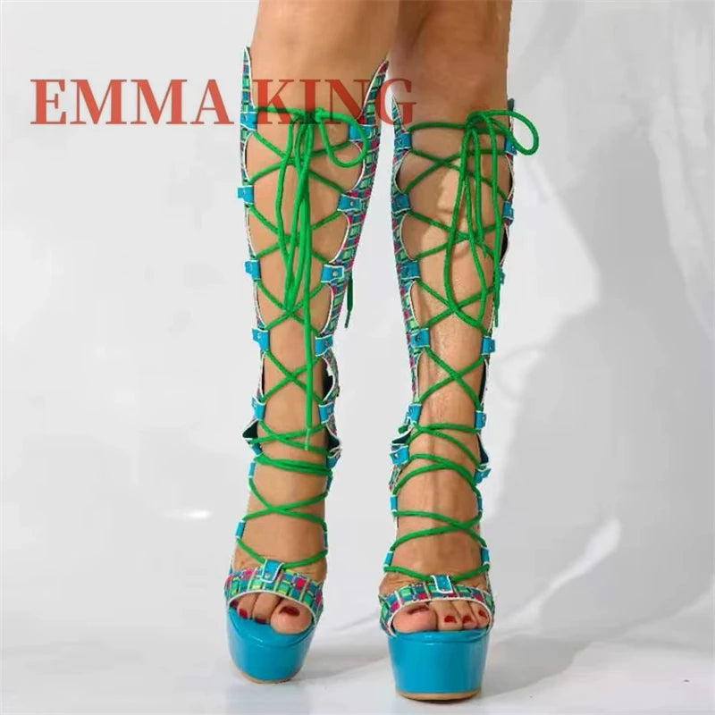 Multicolor Plaid Hollow Out Gladiator Sandals for Women