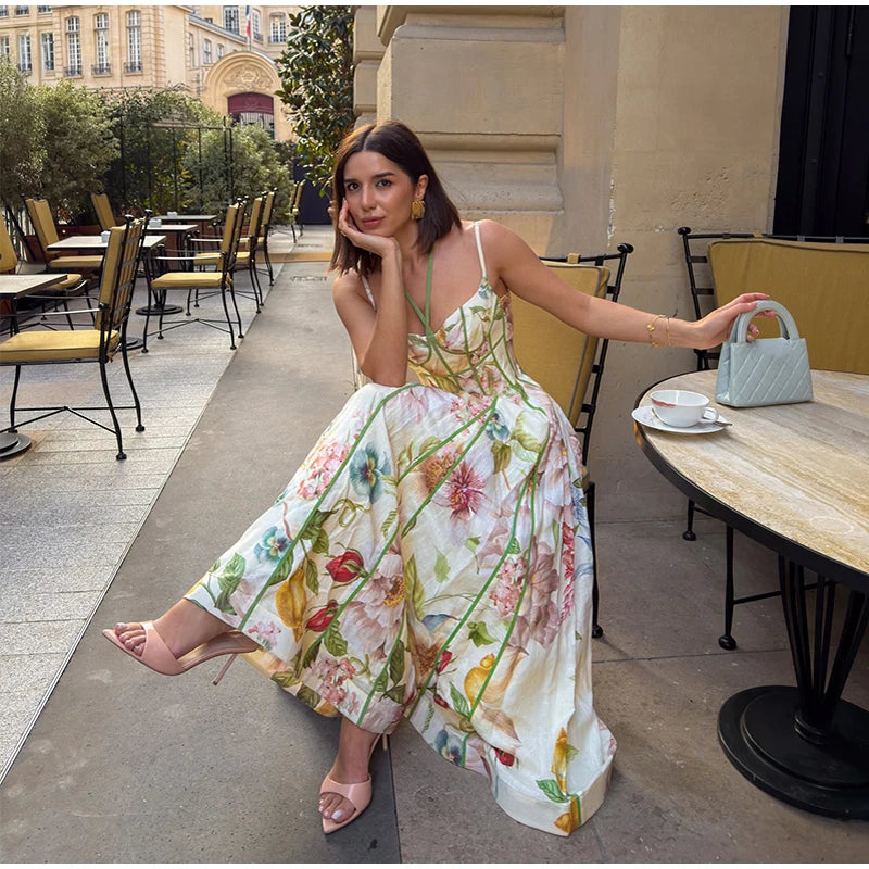 Sweetheart Neckline Floral Print Linen Blend Maxi Dress For Women