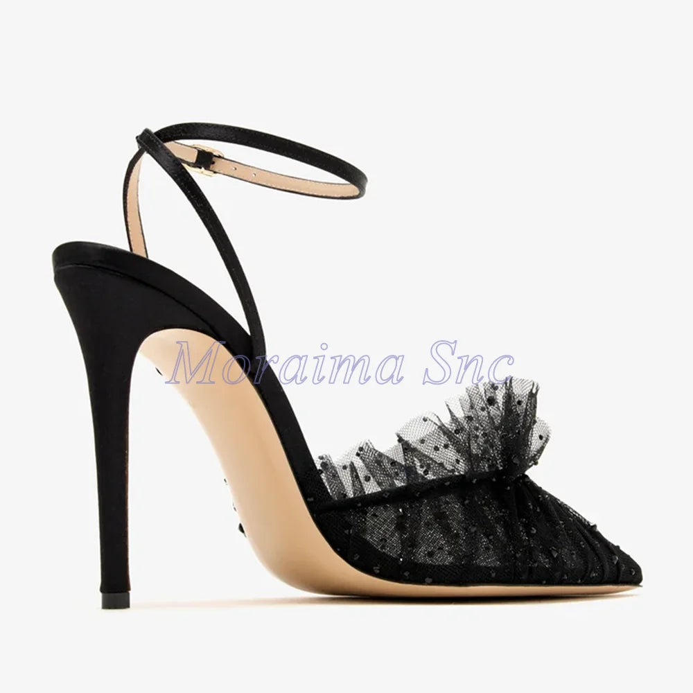Pink Pointed Toe Ruffled Rhinestone Stiletto Sandals for Women