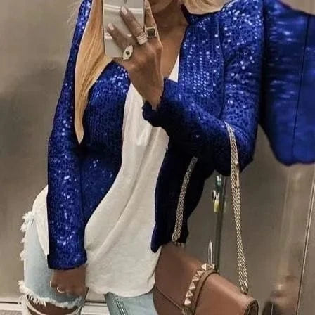 Gold Purple Shiny Sequins Round Neck Cardigan Jacket Women Fashion Short Coat Silver Blue Nothing Red Outerwear Female Overcoat