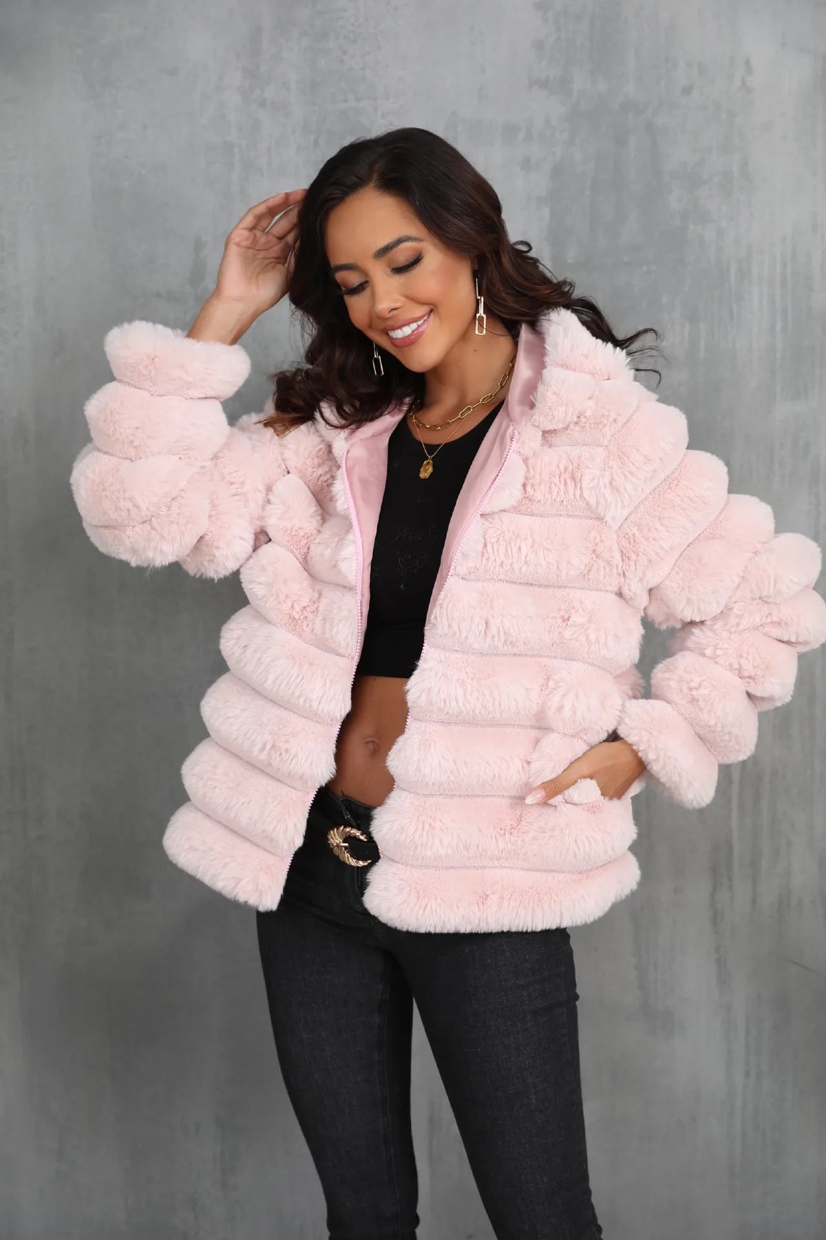 Warm Hooded Short Faux Fur Coat With Turn Down Collar for Women