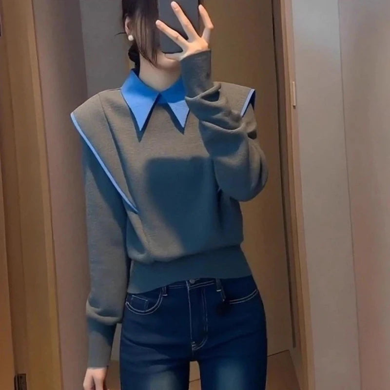 Simulated Two Piece Contrast Patchwork Long Sleeve Shirt for Women