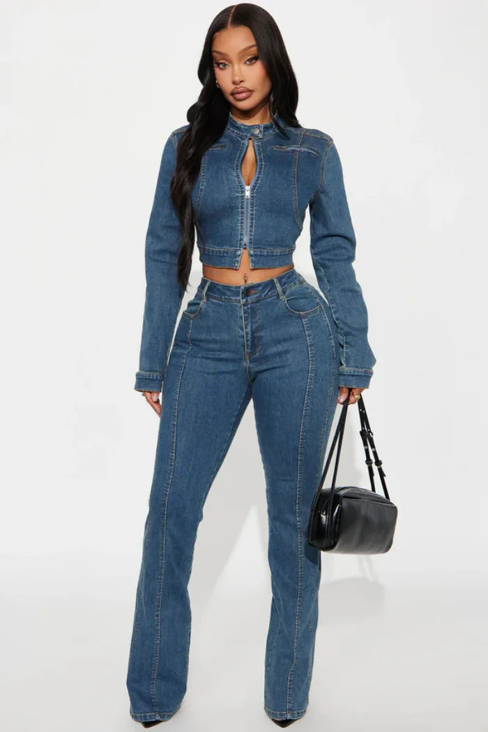 Elegant Blue Denim Matching Jacket And Trousers Set For Women