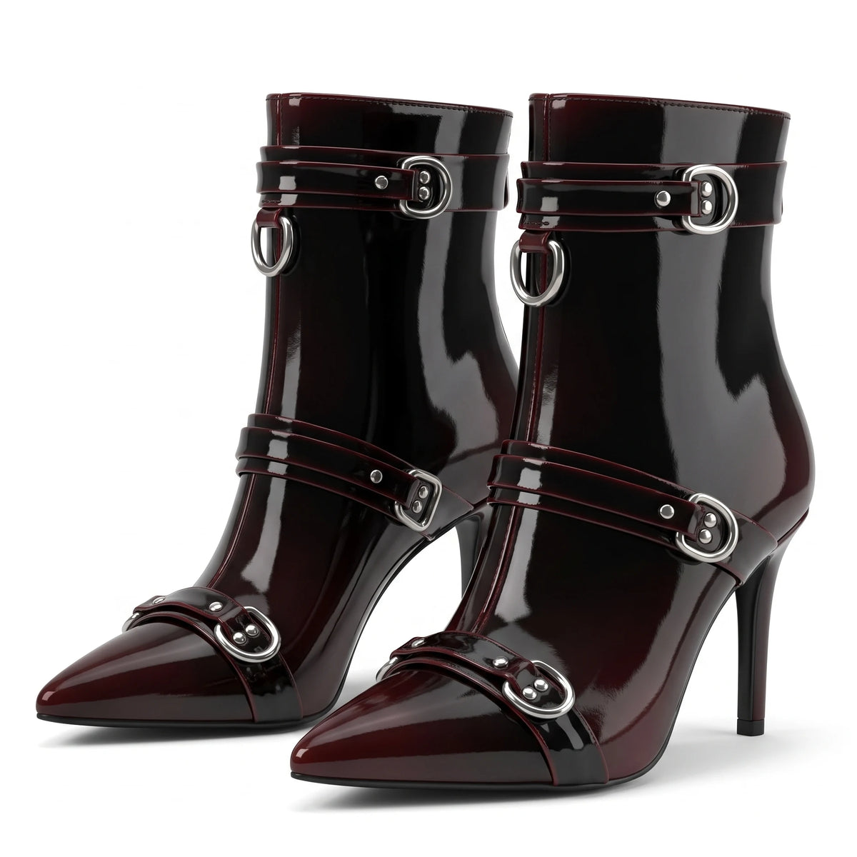 Burgundy Patent Leather Buckle Ankle Boots for Women