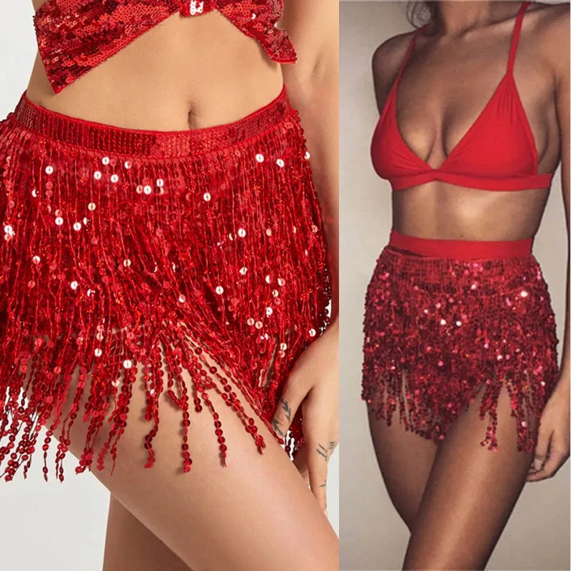 Gleaming Sequined Tassel Waist Chain Dress for Women