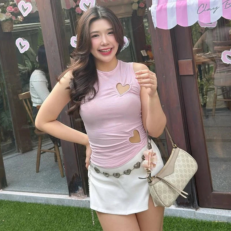 Heart Cutout Sleeveless Two Piece Set With High Waist Pants for Women
