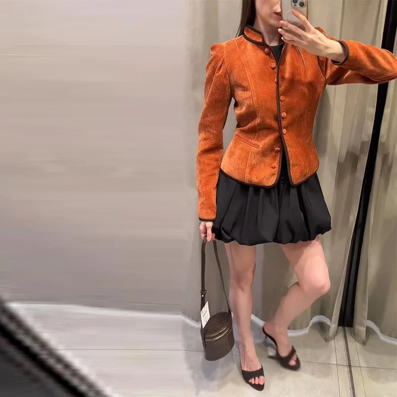 Slim Stand Collar Single-Breasted Short Jacket for Women