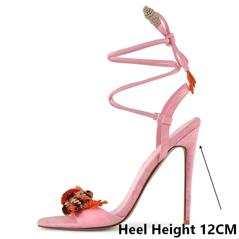 Pink Lace-Up Ankle Wrap Stiletto Sandals for Women