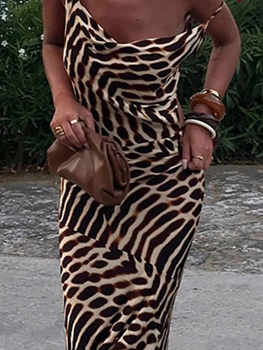 Vintage Leopard Print Slim Straps Long Dress Lady Casual Holiday Beach Bohemian Dress Spring Summer V Neck Sleeveless Maxi Dress