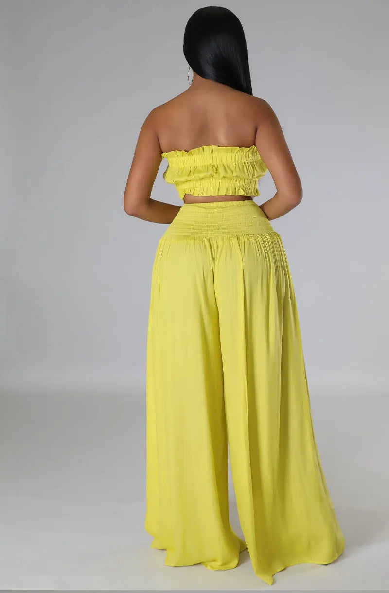 Lace Up Strapless Top Two Piece Pants Set for Women