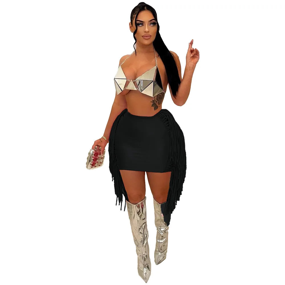 FAGADOER Sexy Tassel Bodycon Mini Skirts Party Club Outfits Women Fashion Chic Streetwear Short Birthday Holidays Skirt Solid