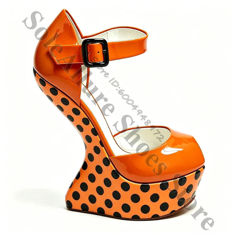 Glossy Polka Dot Buckle Strap Wedge Platform Sandals For Women