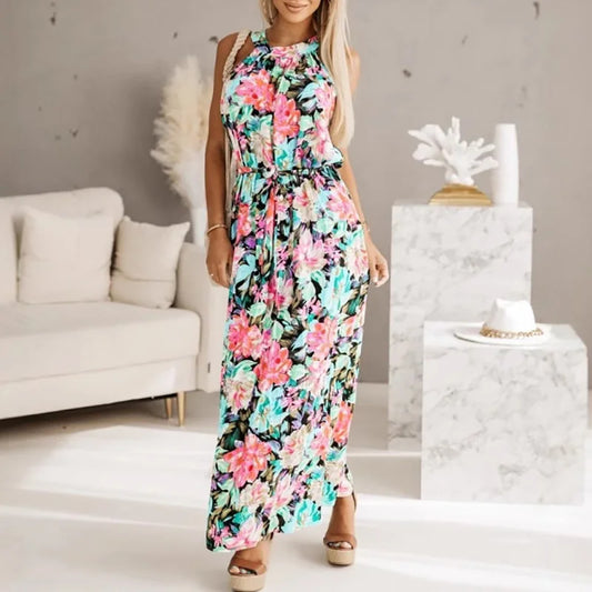 Bohemian Pleated Casual Long Dress Vintage Pattern Printed O Neck Women's Dress 2025 New Elegant Sleeveless Lace Up Loose Dress