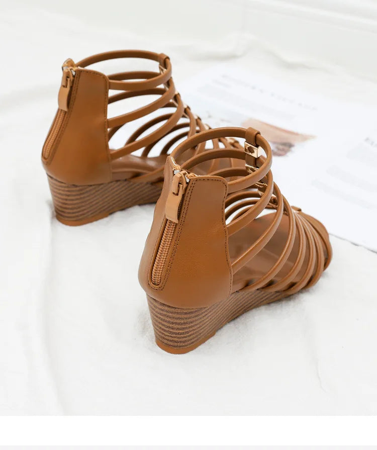 Vintage Hollow Roman Wedge Sandals Round Toe For Women