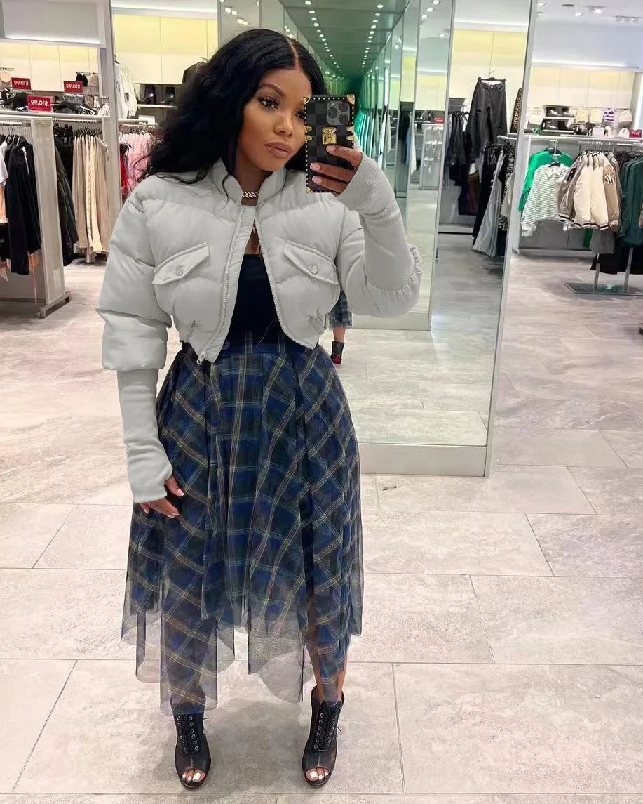 Warm Stand Collar Zippered Short Parka Jacket for Women