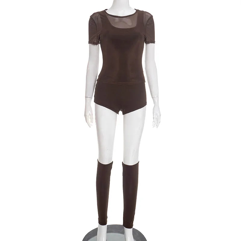 Sexy Mesh Patchwork Crop Top and Shorts Set for Women