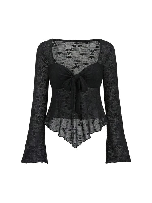 2025 Spring and Summer New Women's Solid Color Long Sleeve Square Neck Rope Knot Top Lace Transparent Long Sleeve Sexy