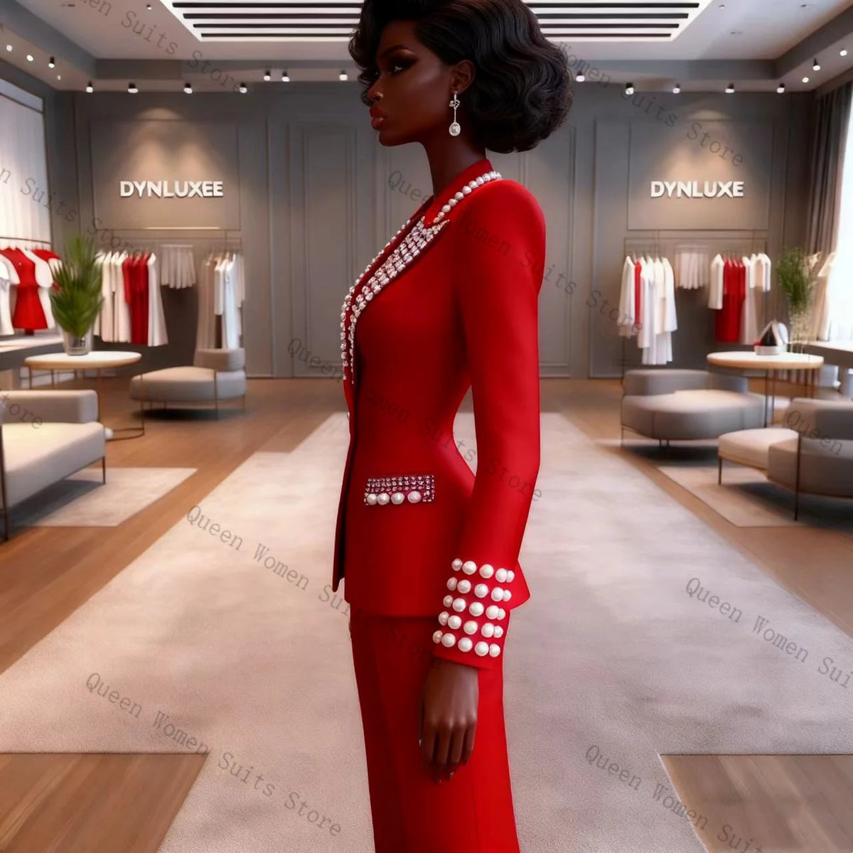 Classic Red Cotton Single Breasted Two Piece Suit For Women