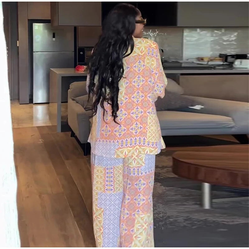 Casual Print Long Sleeve V-Neck Top Wide-Leg Trousers Two-Piece Set for Women