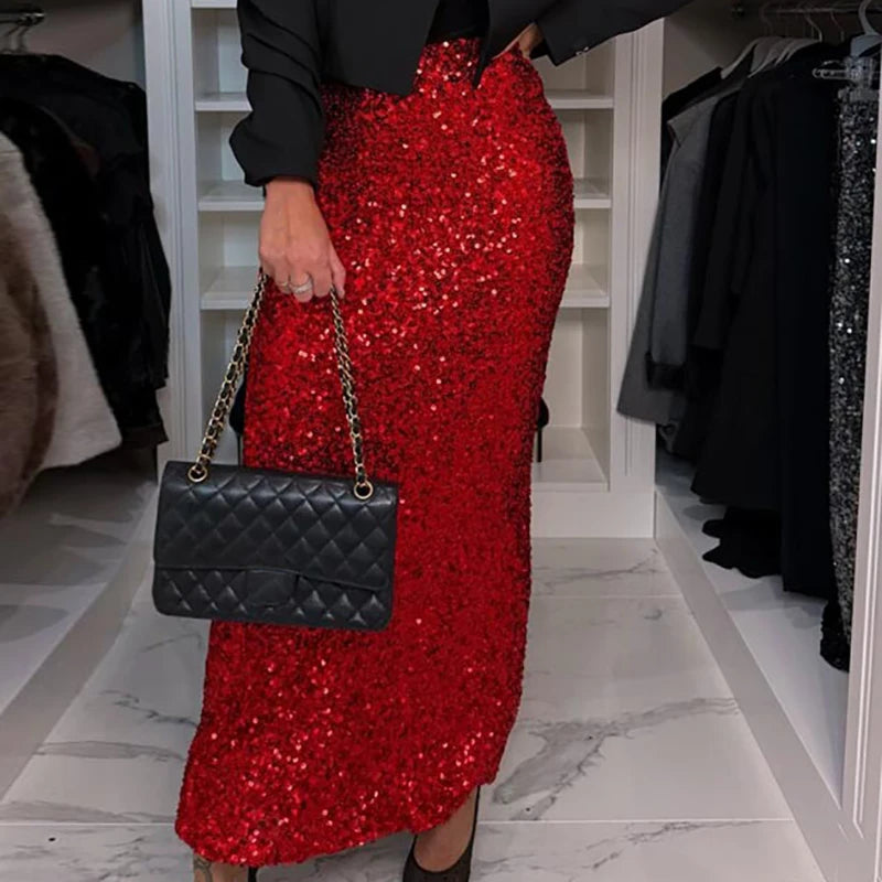 High Waisted Slim Fit Sequin Ankle Length Skirt for Women
