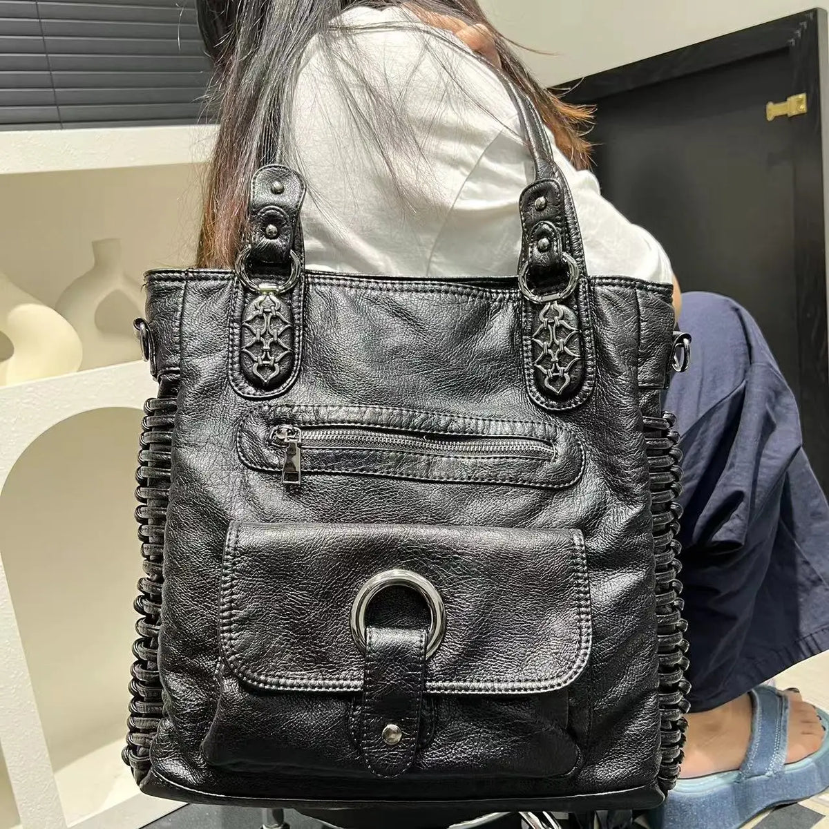 Distressed Vegan Leather Shoulder Tote Bag for Women