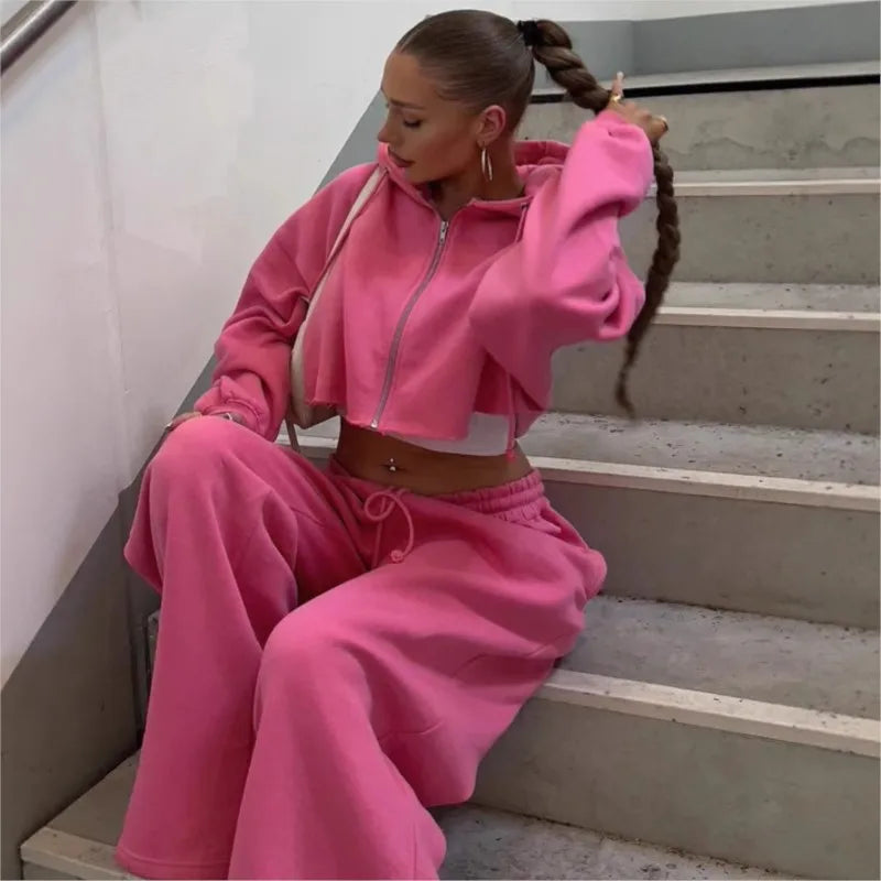 Hooded Cropped Sweatshirt And Long Pants Set for Women