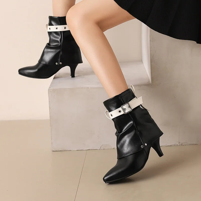 Western Style Denim Autumn Pointy Toe Ankle Boots With Belt Buckle for Women