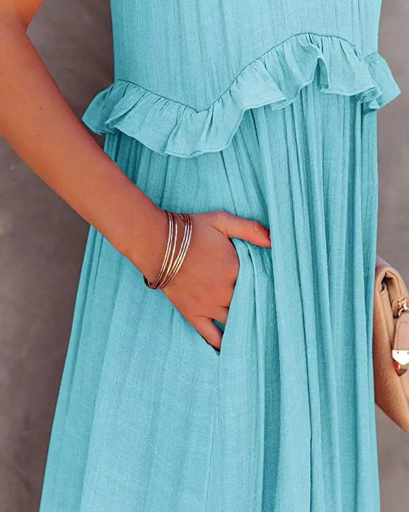Solid Ruffled Sleeveless Maxi Sundress for Women