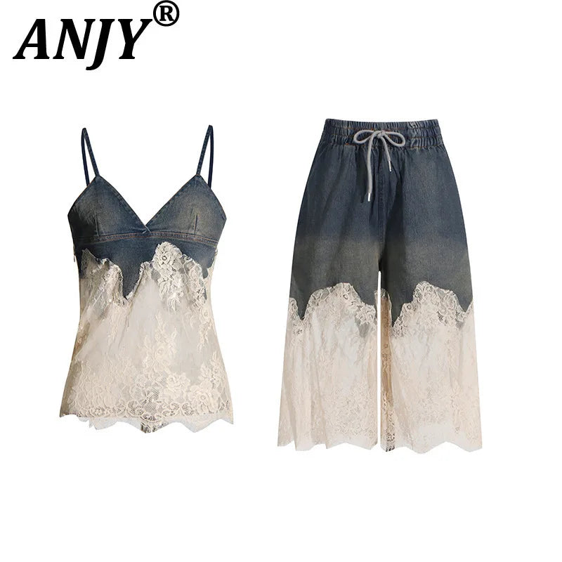 ANJY Summer New Women Y2K Streetwear Ins Fashion Sexy Hot Lace Patchwork Denim Camisole Vest Casual Drawstring Fifth Pants A7219
