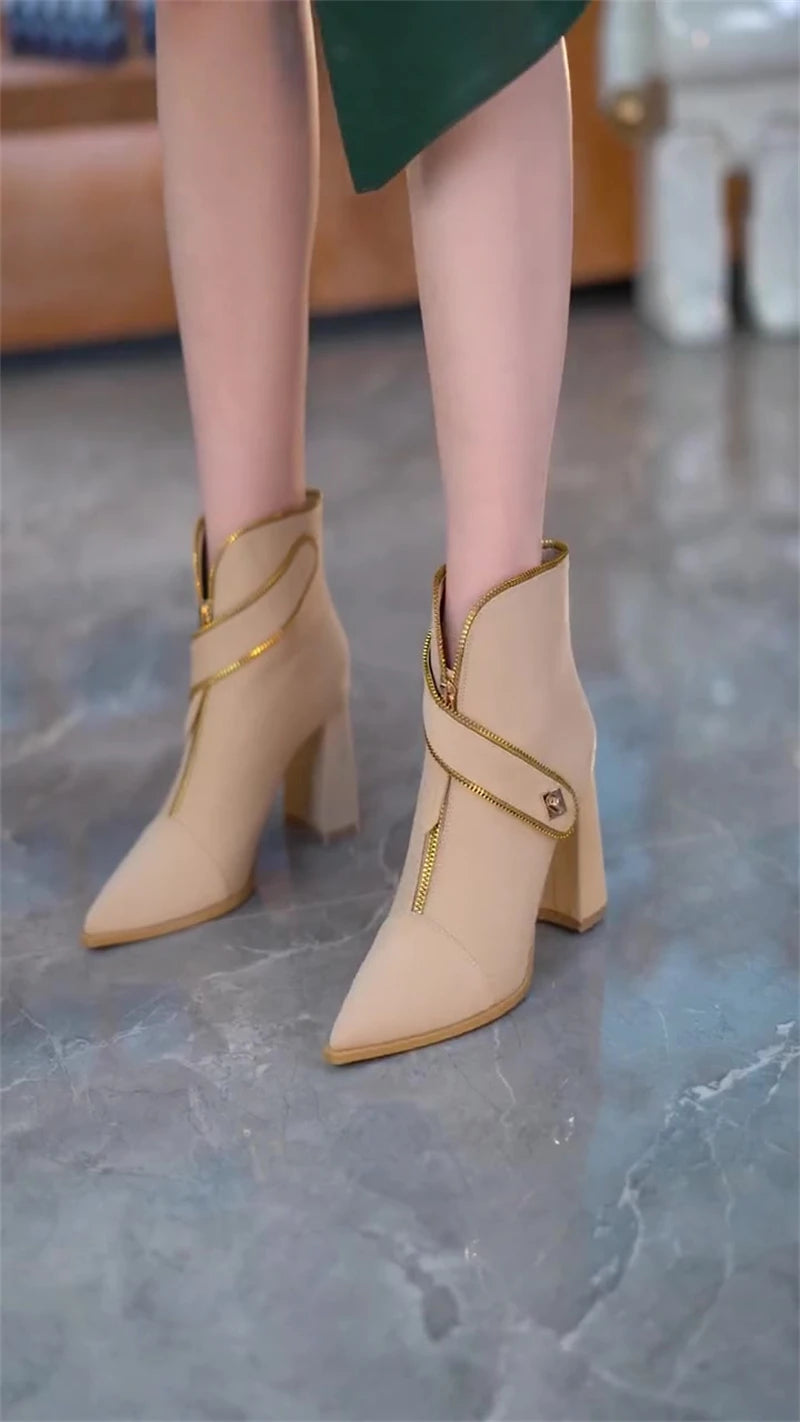 Chunky Heel Pointed Toe Front Zipper Ankle Boots for Women